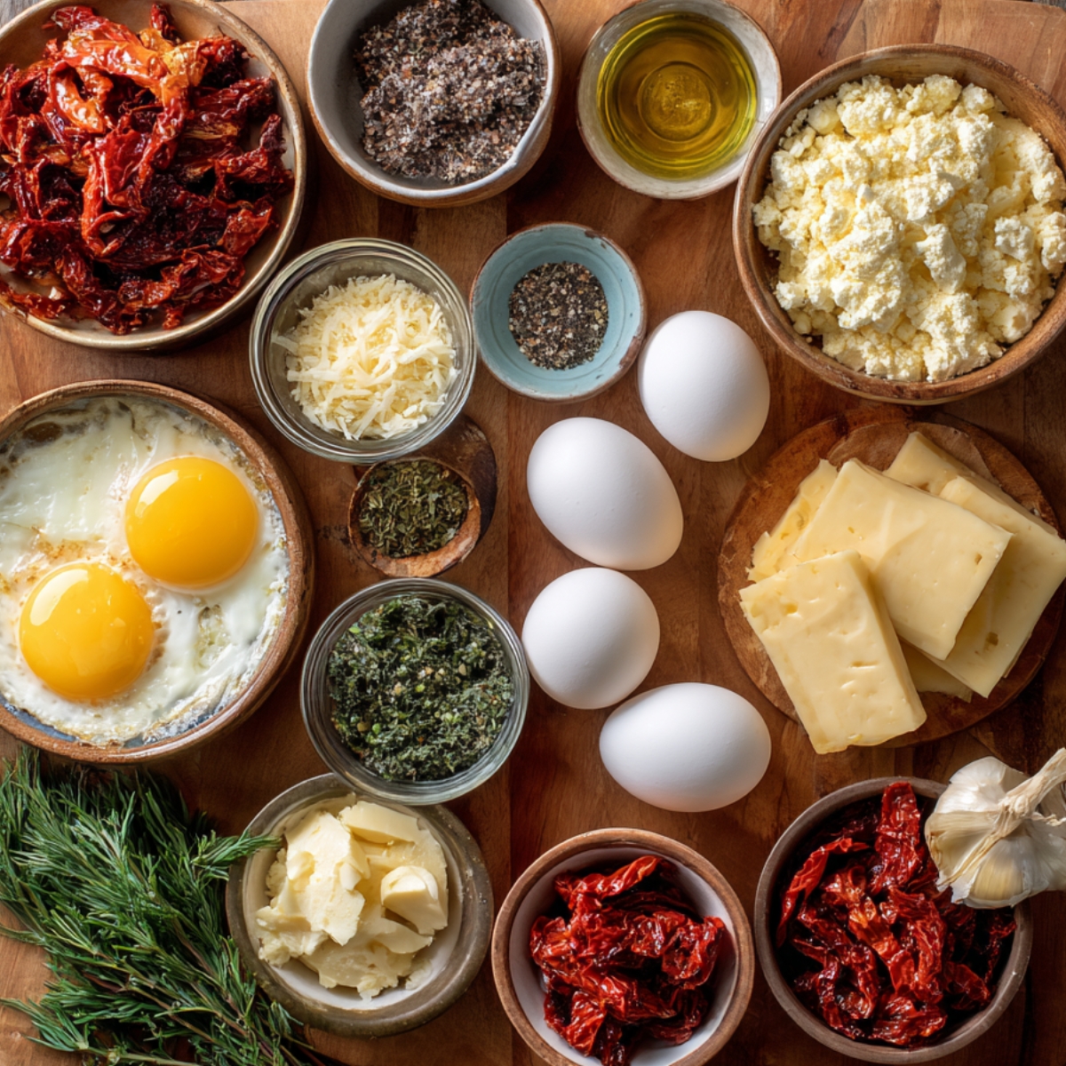 A variety of ingredients for a frittata laid out on a wooden surface, including eggs, sun-dried tomatoes, herbs, cheeses, and olive oil, all organized in small bowls.