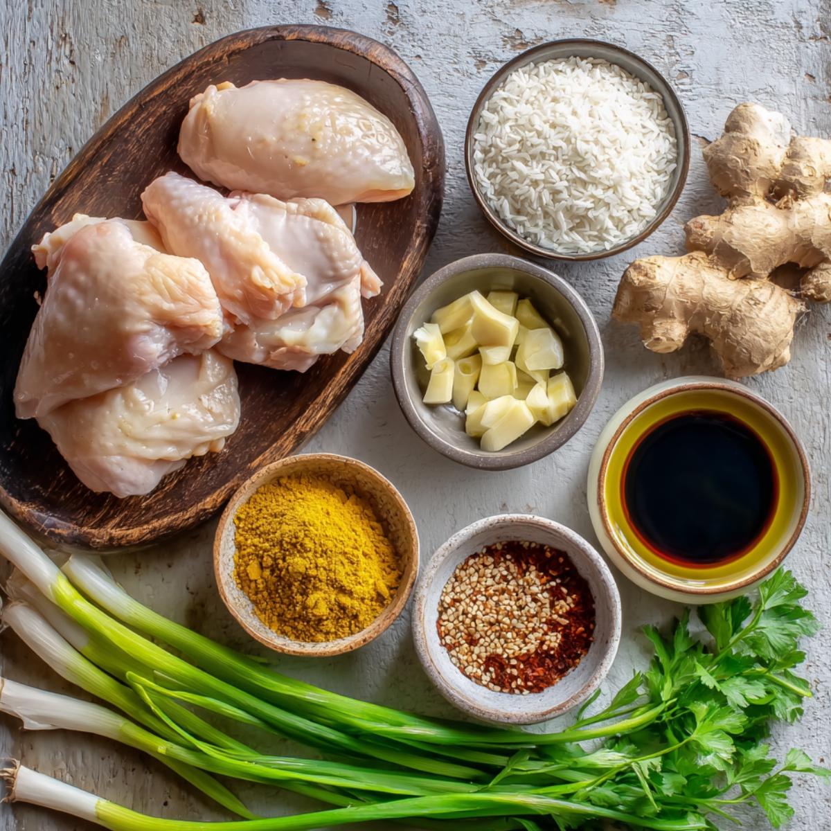 A rustic setup showing raw chicken thighs, ginger, garlic, soy sauce, rice, sesame seeds, chili flakes, curry powder, green onions, and parsley laid out in small bowls and plates.