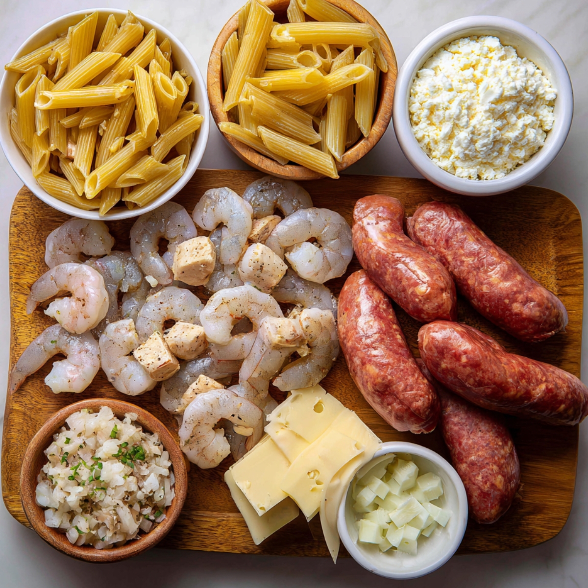 A wooden board with a spread of ingredients for a pasta or jambalaya dish, including shrimp, sausage, penne pasta, blocks of cheese, chopped onions, and garlic.