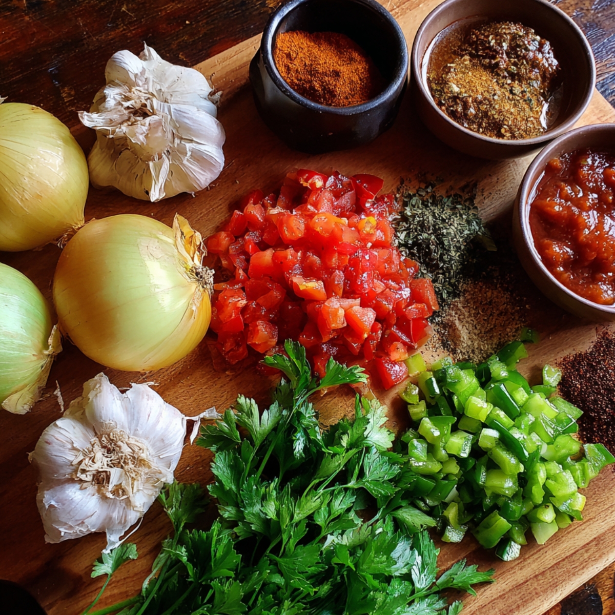 A wooden cutting board filled with ingredients for a dish: garlic bulbs, onions, diced tomatoes, green bell peppers, fresh parsley, and a variety of spices including chili powder, thyme, and others.