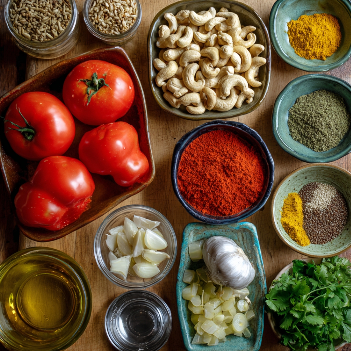 A variety of ingredients arranged on a wooden surface, including fresh tomatoes, cashew nuts, spices, garlic, and oil.