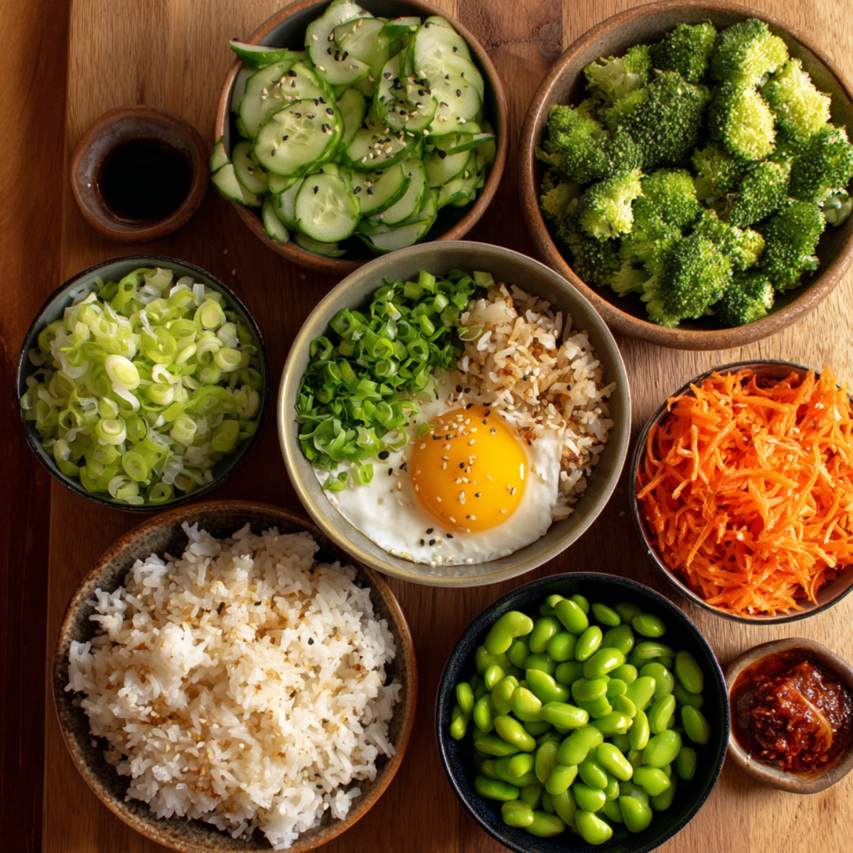 “Assortment of ingredients including cooked rice, cucumber slices, carrots, broccoli, green onions, edamame, and a fried egg arranged in small bowls.”
