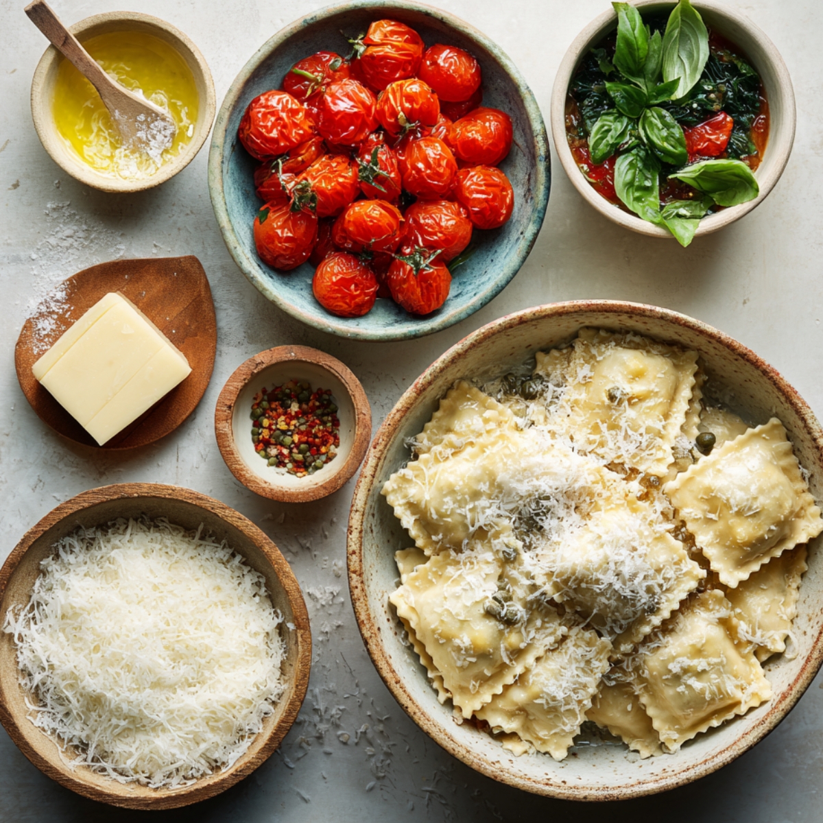 Ingredients laid out for making lobster ravioli sauce, including tomatoes, fresh herbs, butter, and spices in bowls, alongside freshly made ravioli.