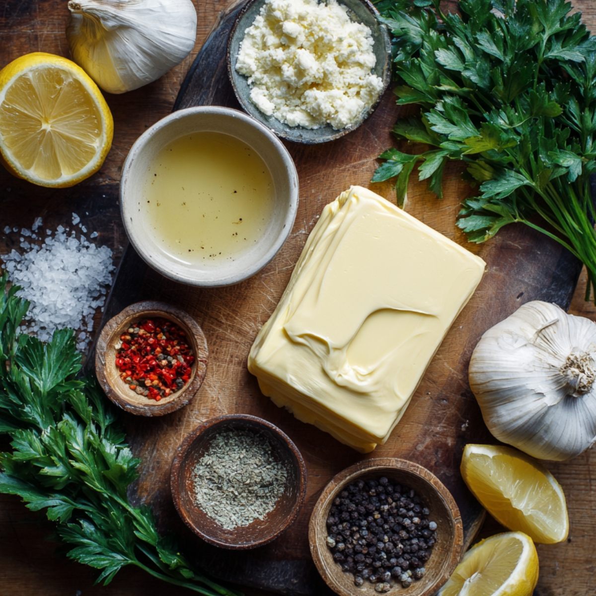 A wooden chopping board with garlic, lemon, butter, herbs, and seasoning ingredients for lobster ravioli sauce.