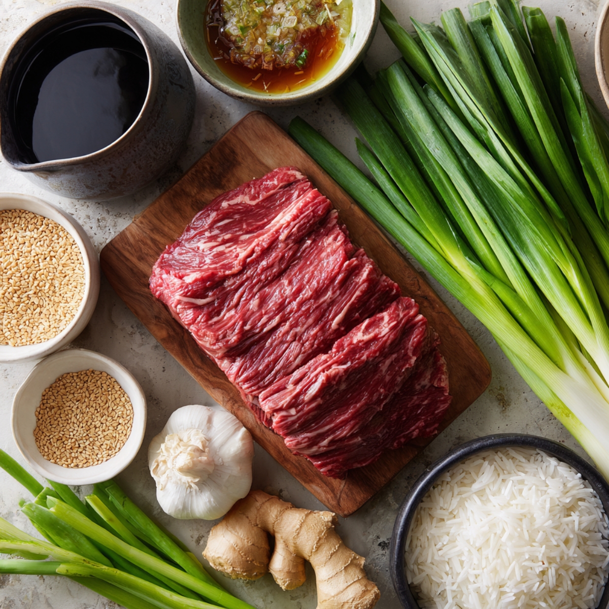 A flat lay of Mongolian beef ingredients including raw flank steak, green onions, garlic, ginger, soy sauce, sesame seeds, and uncooked rice.