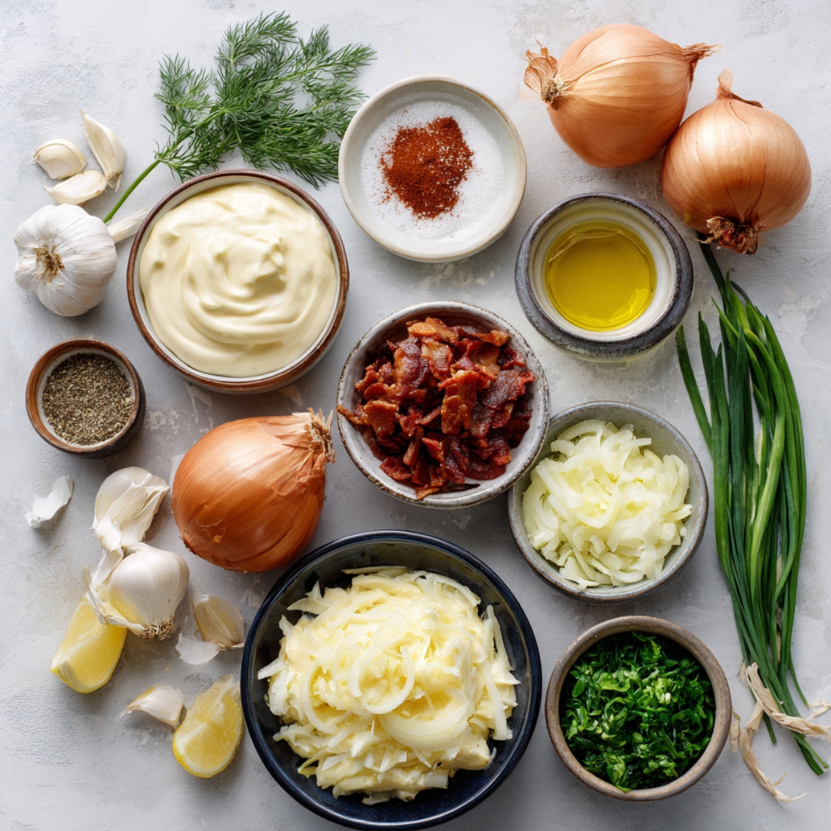 A top-down view of various ingredients for an onion dip, including onions, garlic, herbs, and other seasonings placed in small bowls.