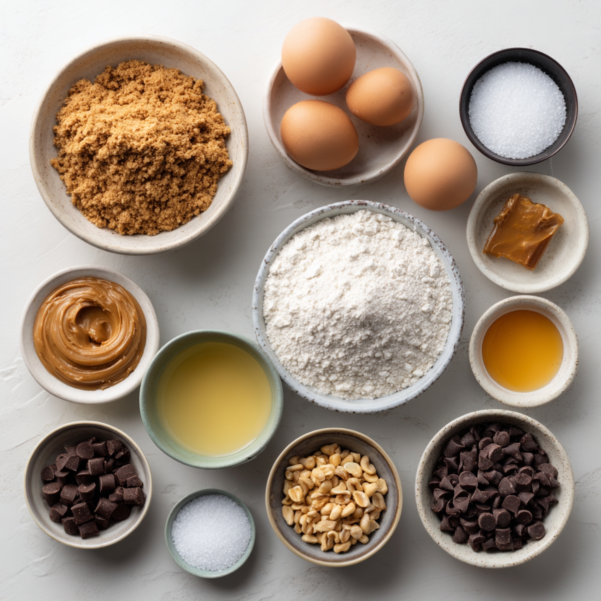 Overhead shot of baking ingredients for peanut butter cup cookies, including flour, sugar, brown sugar, eggs, peanut butter, chocolate chips, peanuts, and butter arranged in small bowls.