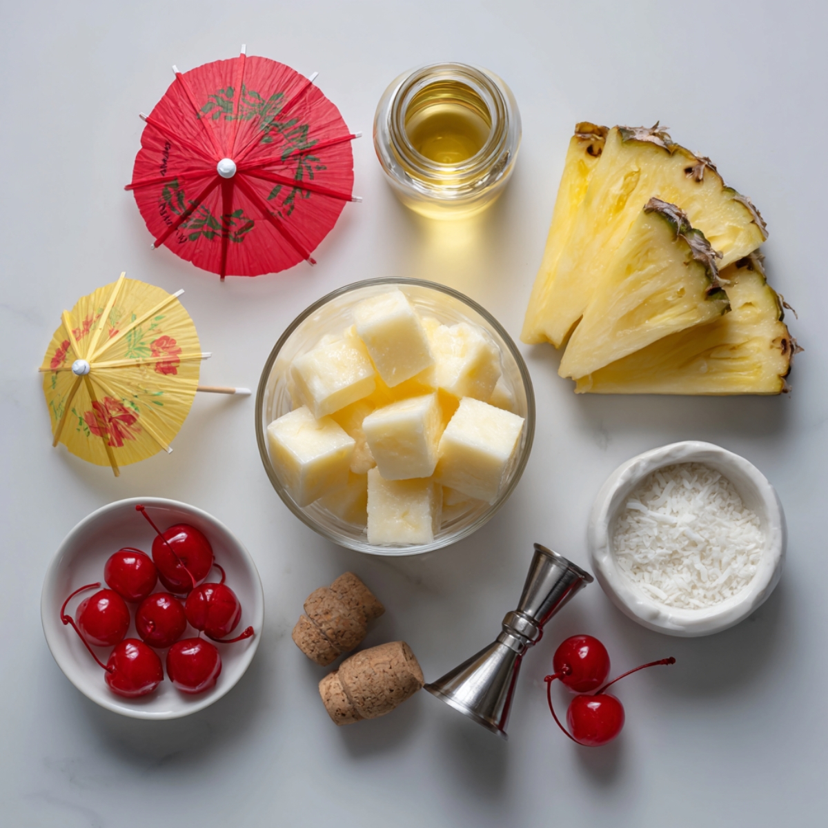 “Flat lay of piña colada ingredients including pineapple slices, cherries, coconut cream cubes, shredded coconut, honey, and cocktail umbrellas on a white background.”