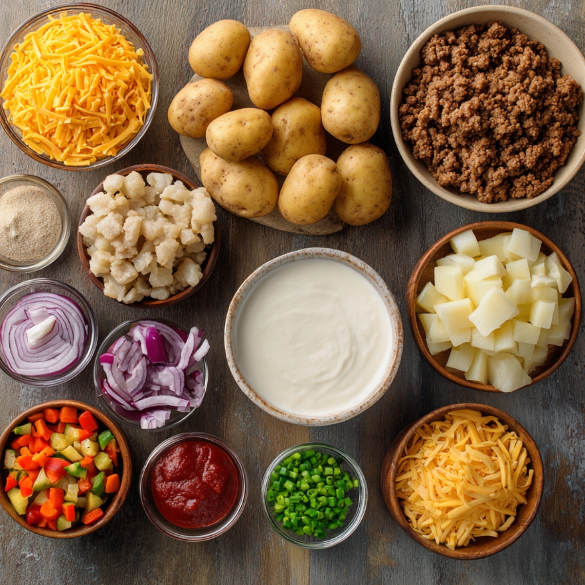 Overhead view of casserole ingredients — potatoes, cheese, cooked beef, onions, peppers, sour cream, tomato sauce, and seasonings — arranged in small bowls.