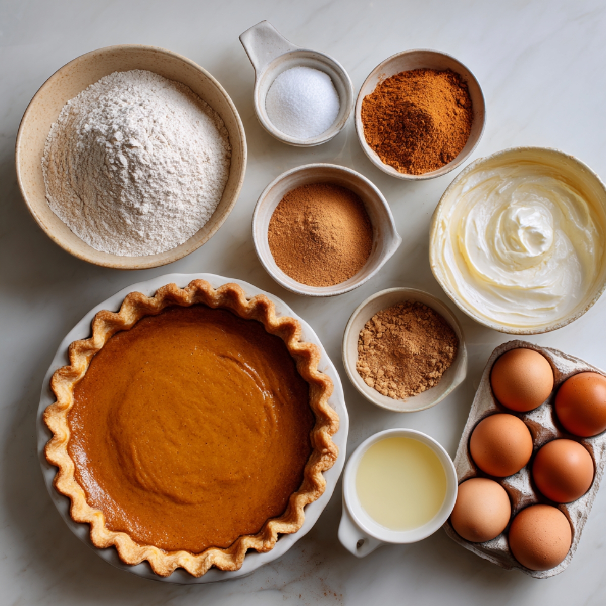Overhead view of pumpkin pie ingredients — flour, sugar, spices, eggs, milk, cream, and a partially filled pie crust.