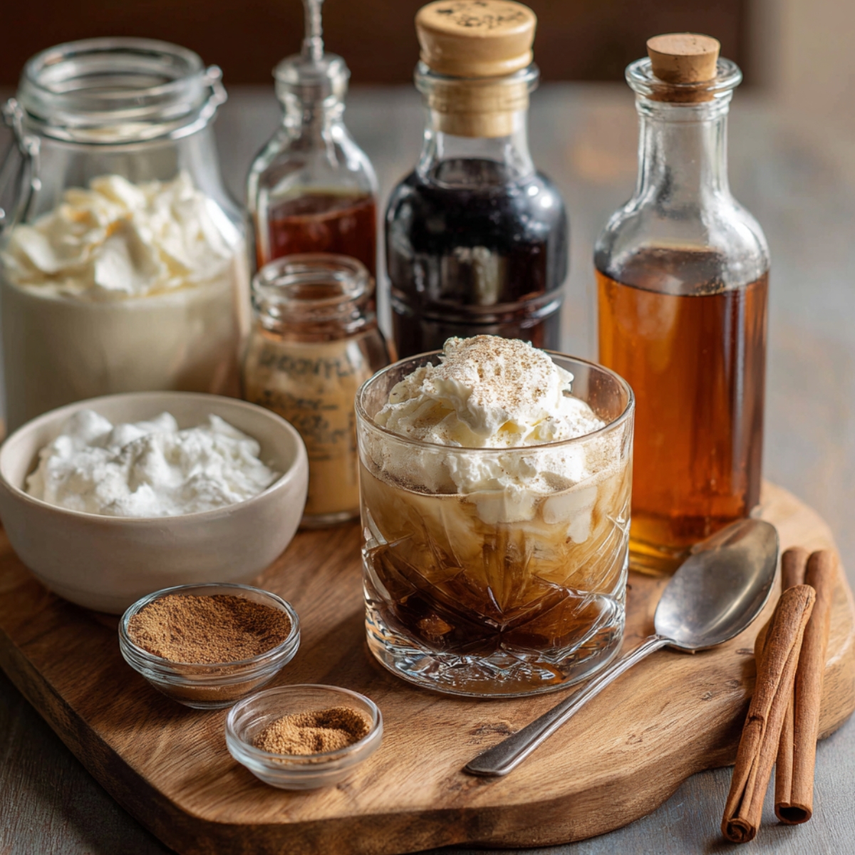 A wooden tray with ingredients for a pumpkin spice White Russian, including bottles of syrup, vanilla, cream, spices, and a finished drink topped with whipped cream.