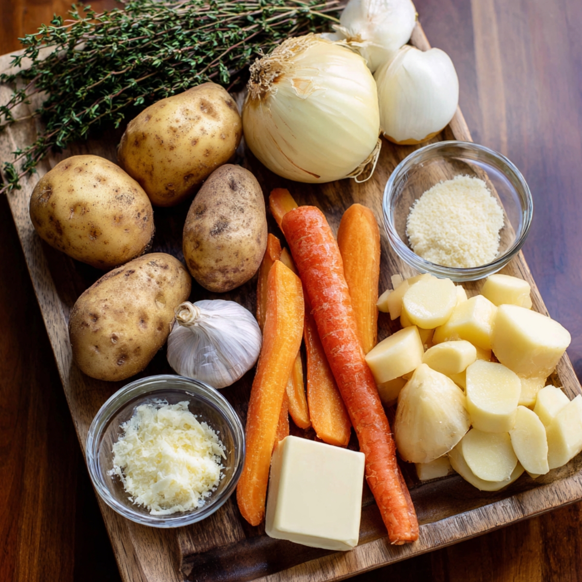 “Fresh ingredients for root vegetable gratin on a wooden board — potatoes, carrots, onions, garlic, thyme, butter, grated cheese, and small glass bowls of grated Parmesan and horseradish.”