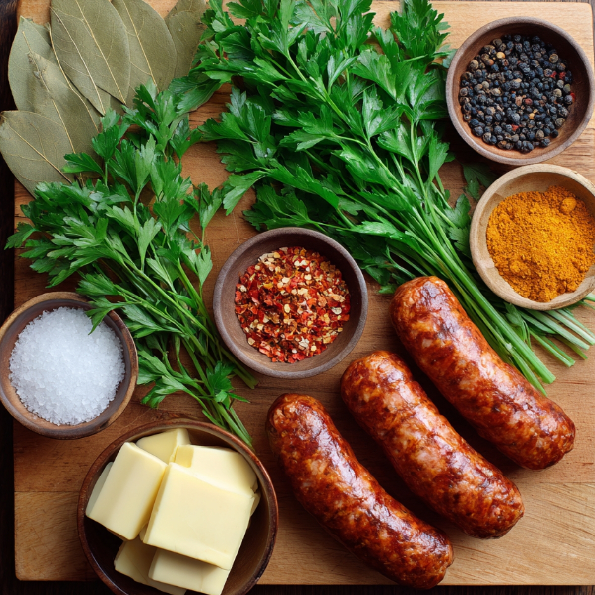 Wooden board with ingredients for a seafood boil—parsley, bay leaves, sausage links, butter, salt, pepper, and spices.