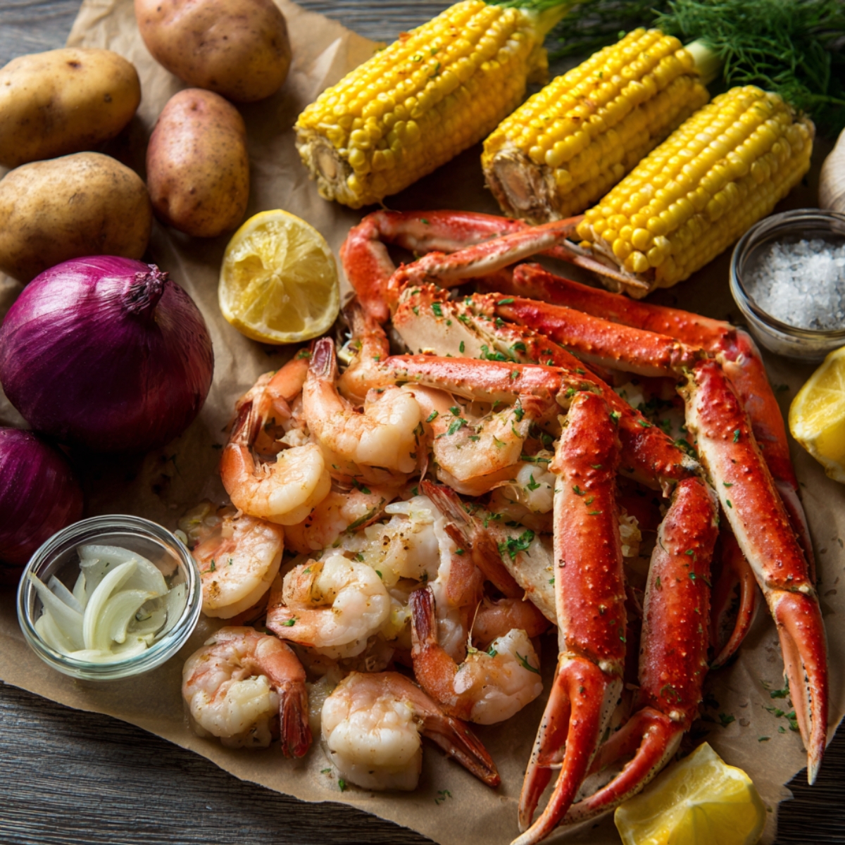 Raw ingredients for a seafood boil including shrimp, crab legs, corn, potatoes, onions, and lemon halves arranged on parchment paper.
