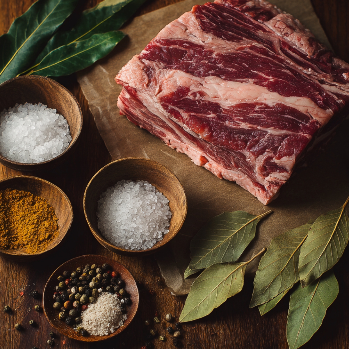 Raw short ribs on a wooden surface, surrounded by bowls of spices, including salt, pepper, turmeric, and bay leaves.