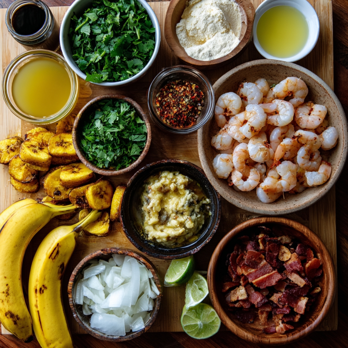 "An array of ingredients for making shrimp mofongo: shrimp, cilantro, onions, plantains, lime, and seasonings."