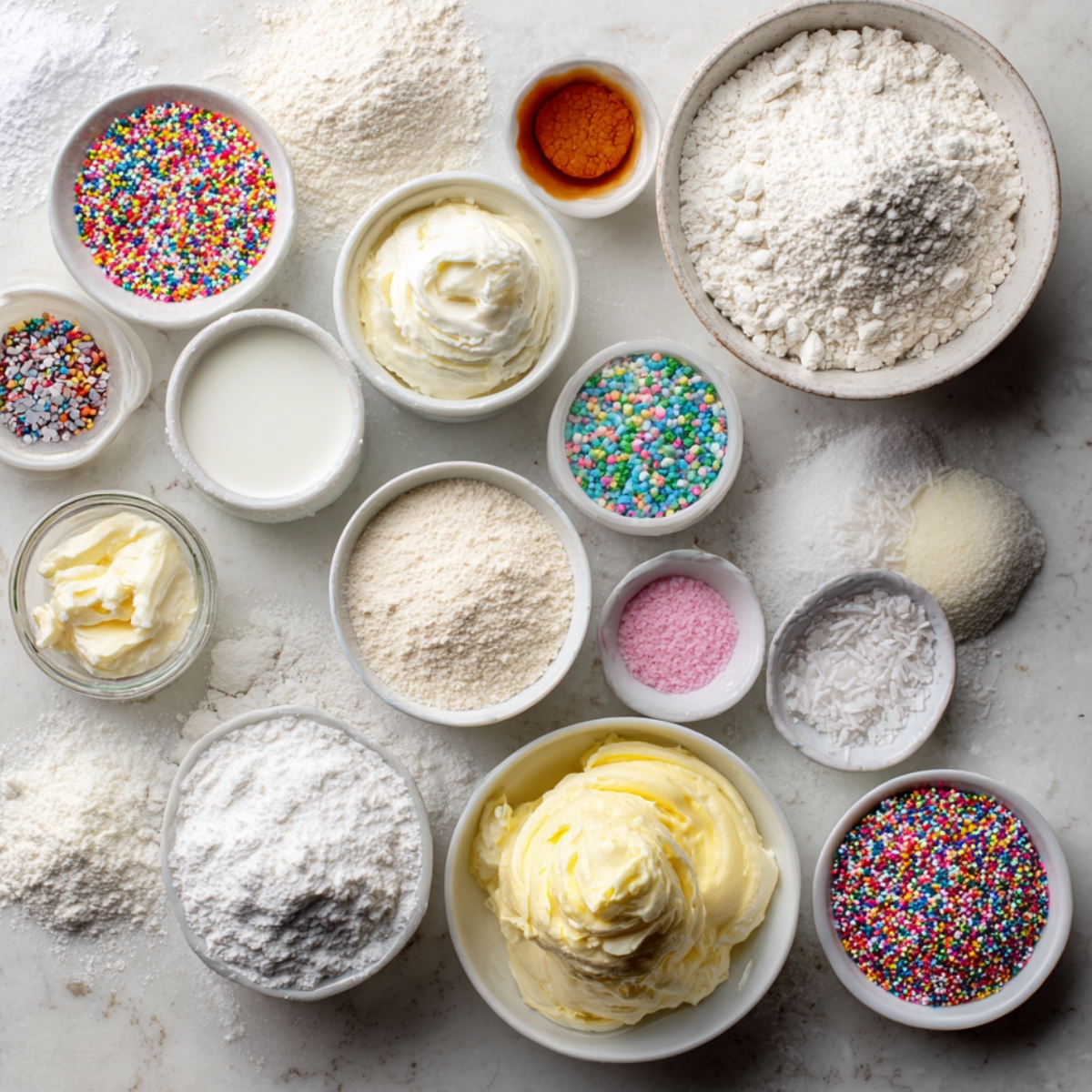Overhead view of baking ingredients including flour, sugar, butter, milk, vanilla, and colorful sprinkles arranged neatly in bowls.
