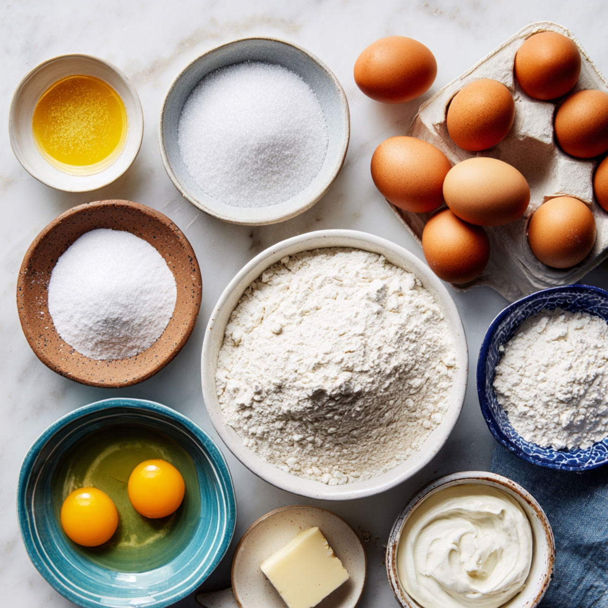 Baking ingredients displayed on a marble surface—flour, sugar, eggs, butter, vanilla, and sour cream in ceramic bowls.