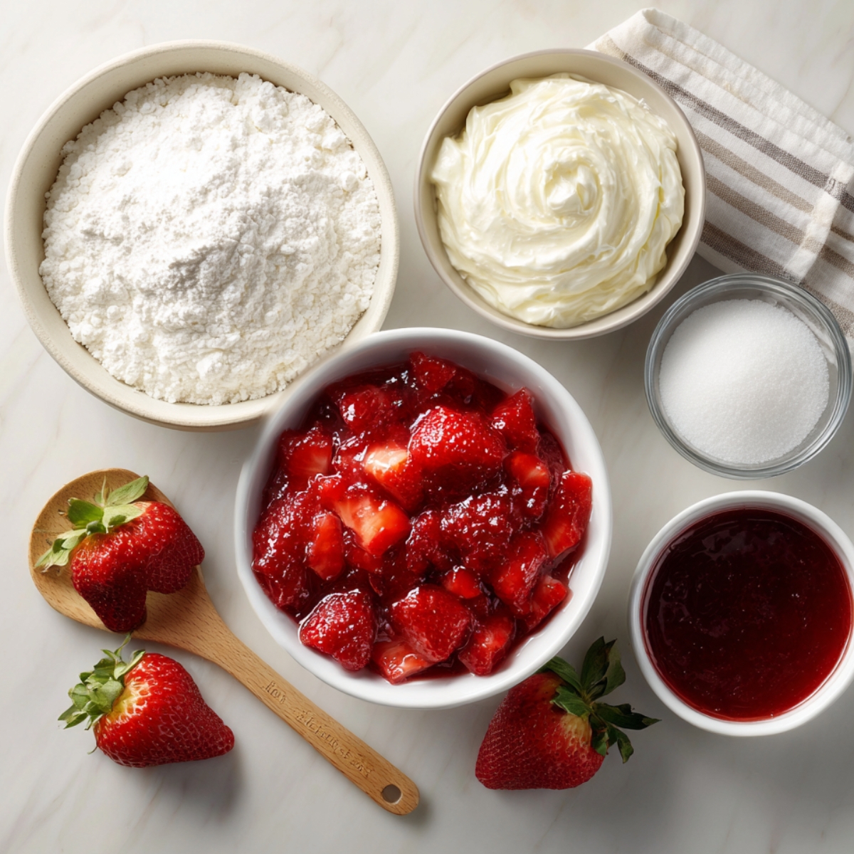 A variety of ingredients for making a strawberry poke cake, including strawberries, whipped cream, and sugar.