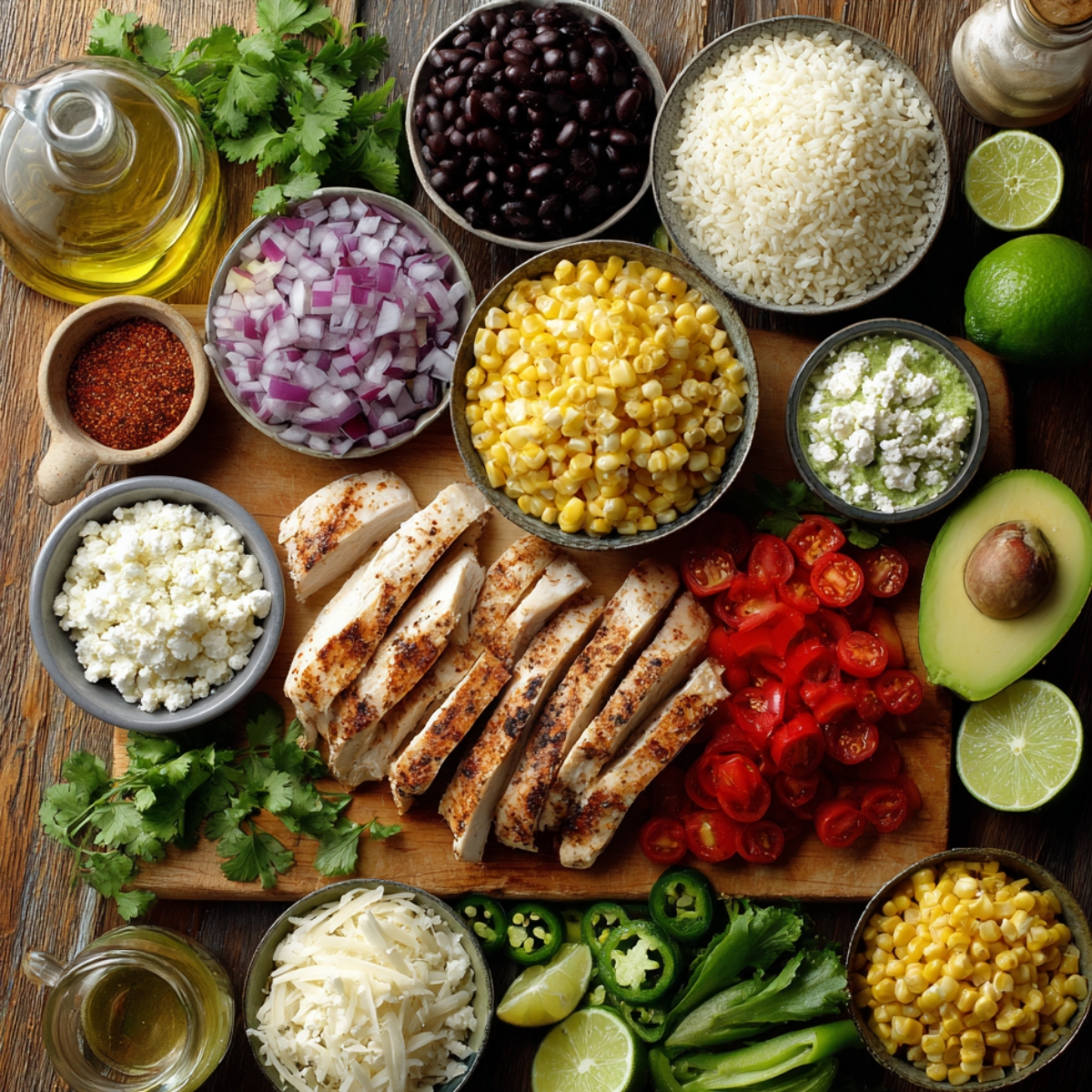 An overhead view of ingredients for a chicken rice bowl, including grilled chicken slices, corn, black beans, rice, avocado, tomatoes, cheese, onions, lime, and various seasonings.