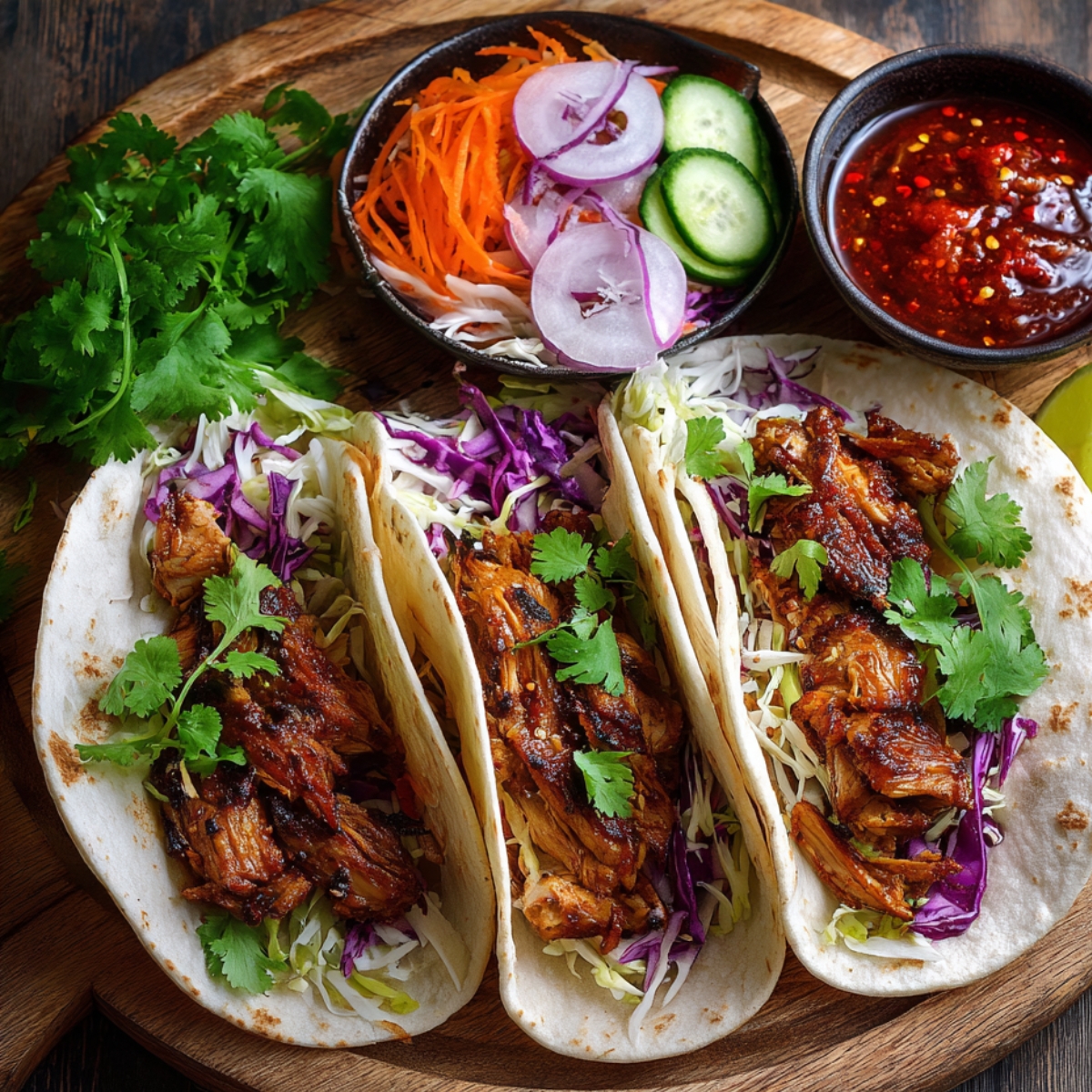 Three open tortilla wraps filled with shredded sweet chili chicken, purple cabbage, and cilantro, served with small bowls of sliced vegetables and chili sauce on a wooden board.