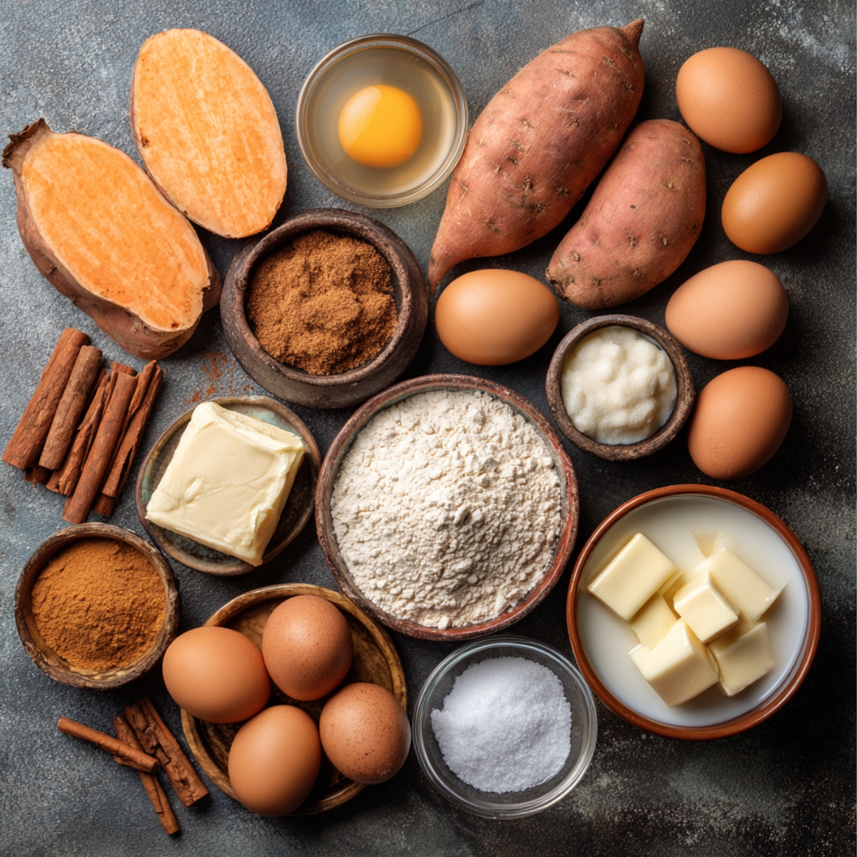 Overhead view of baking ingredients including sweet potatoes, eggs, flour, butter, brown sugar, cinnamon sticks, and milk arranged on a countertop.