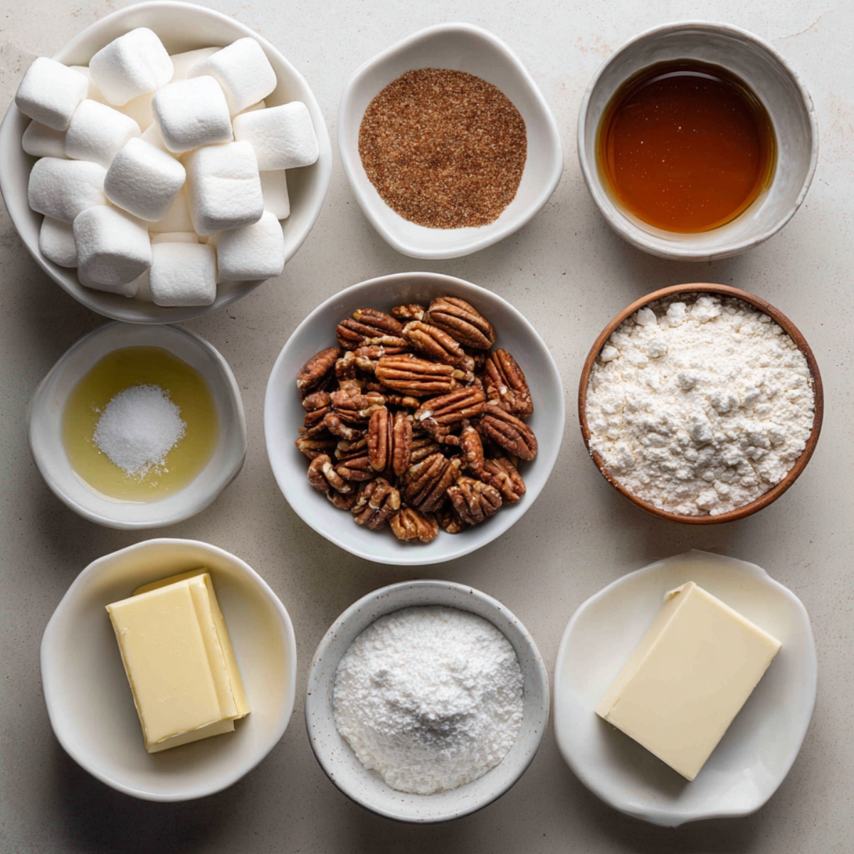 Assorted ingredients for sweet potato casserole including flour, butter, sugar, pecans, marshmallows, salt, and honey arranged in small bowls.