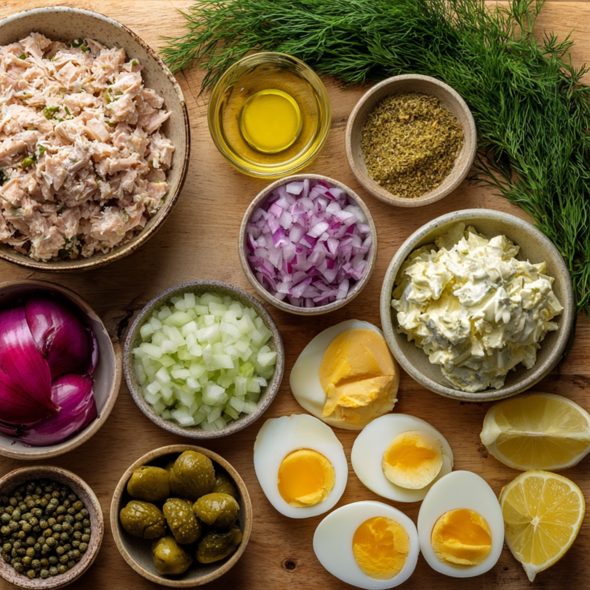 A wooden board displaying ingredients for tuna salad, including flaked tuna, diced red onion, chopped celery, hard-boiled eggs, mayonnaise, dill, lemon wedges, olive oil, and seasonings.