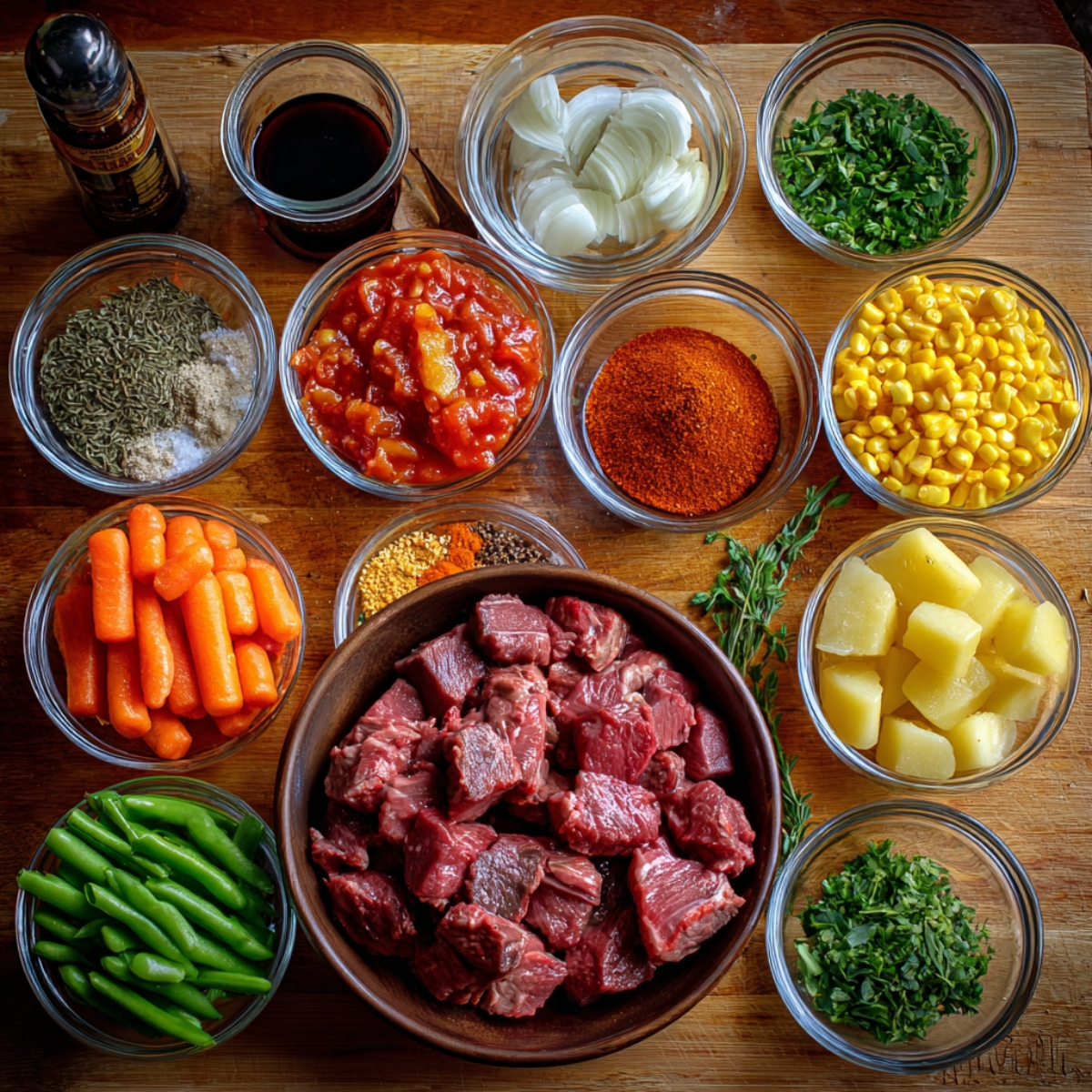 Overhead view of soup ingredients including raw beef cubes, carrots, potatoes, onions, green beans, corn, tomatoes, spices, and fresh herbs arranged in glass bowls.