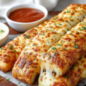 Cheesy breadsticks fresh out of the oven, topped with melted cheese, and served with marinara sauce on the side.