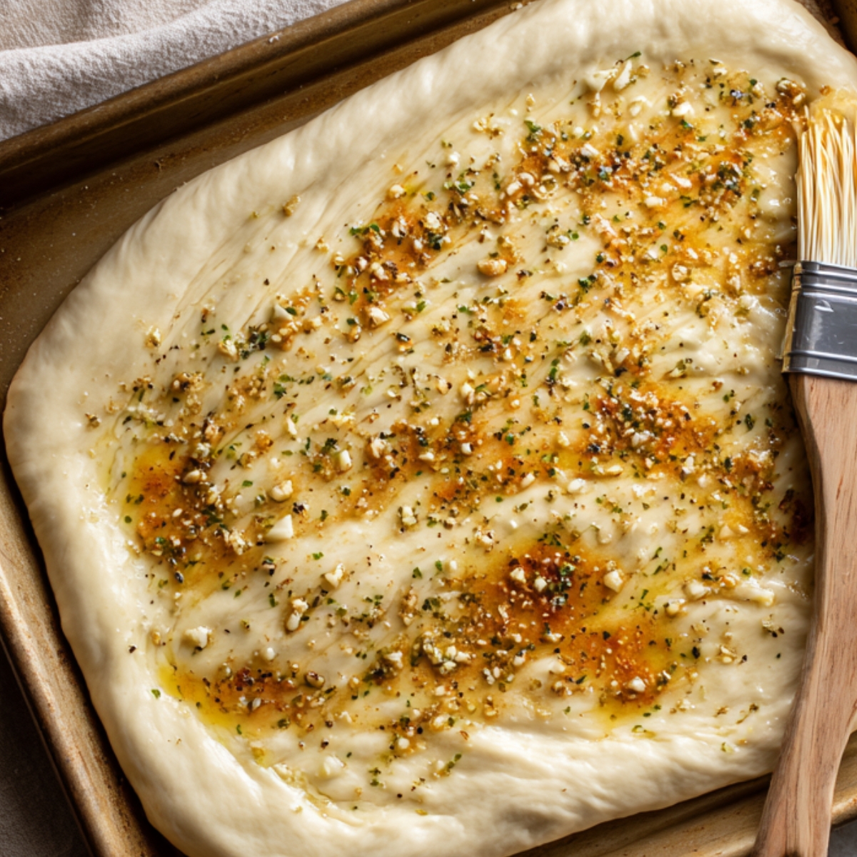 A pan of unbaked pizza dough drizzled with garlic butter and sprinkled with herbs and seasonings.