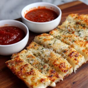 A plate of cheesy breadsticks served with two bowls of marinara sauce.