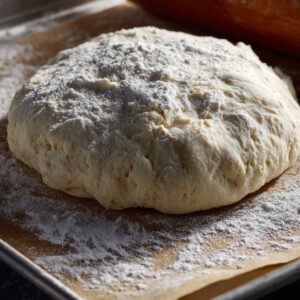 A ball of freshly prepared pizza dough, dusted with flour, resting on a baking sheet.