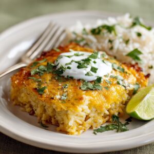 A serving of cheesy chicken enchilada casserole topped with sour cream and fresh cilantro, served alongside white rice and a lime wedge on a plate.