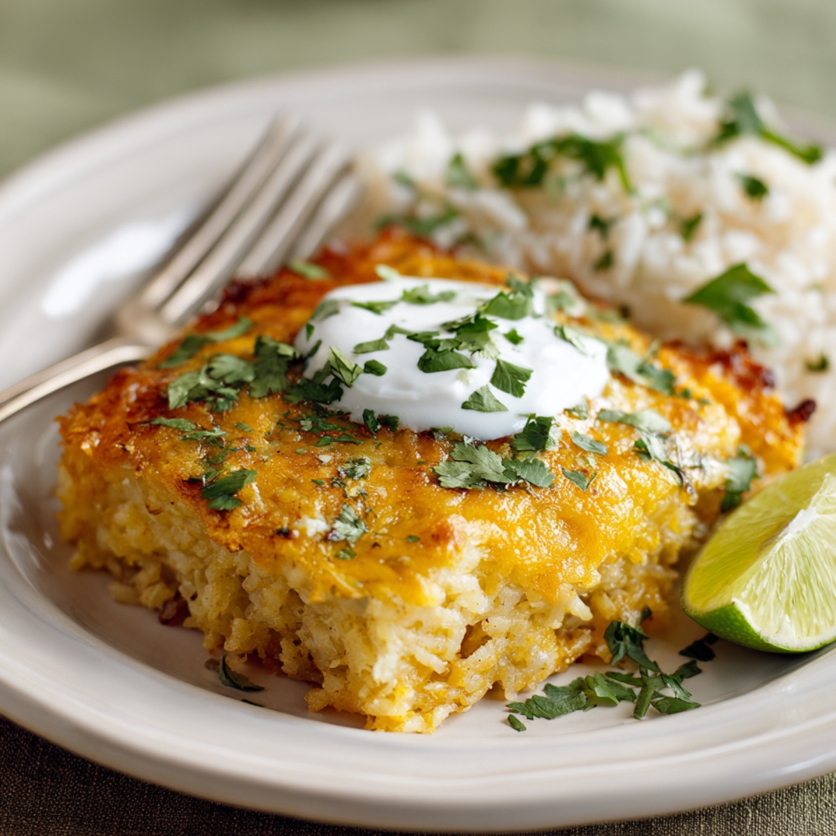 A serving of cheesy chicken enchilada casserole topped with sour cream and fresh cilantro, served alongside white rice and a lime wedge on a plate.