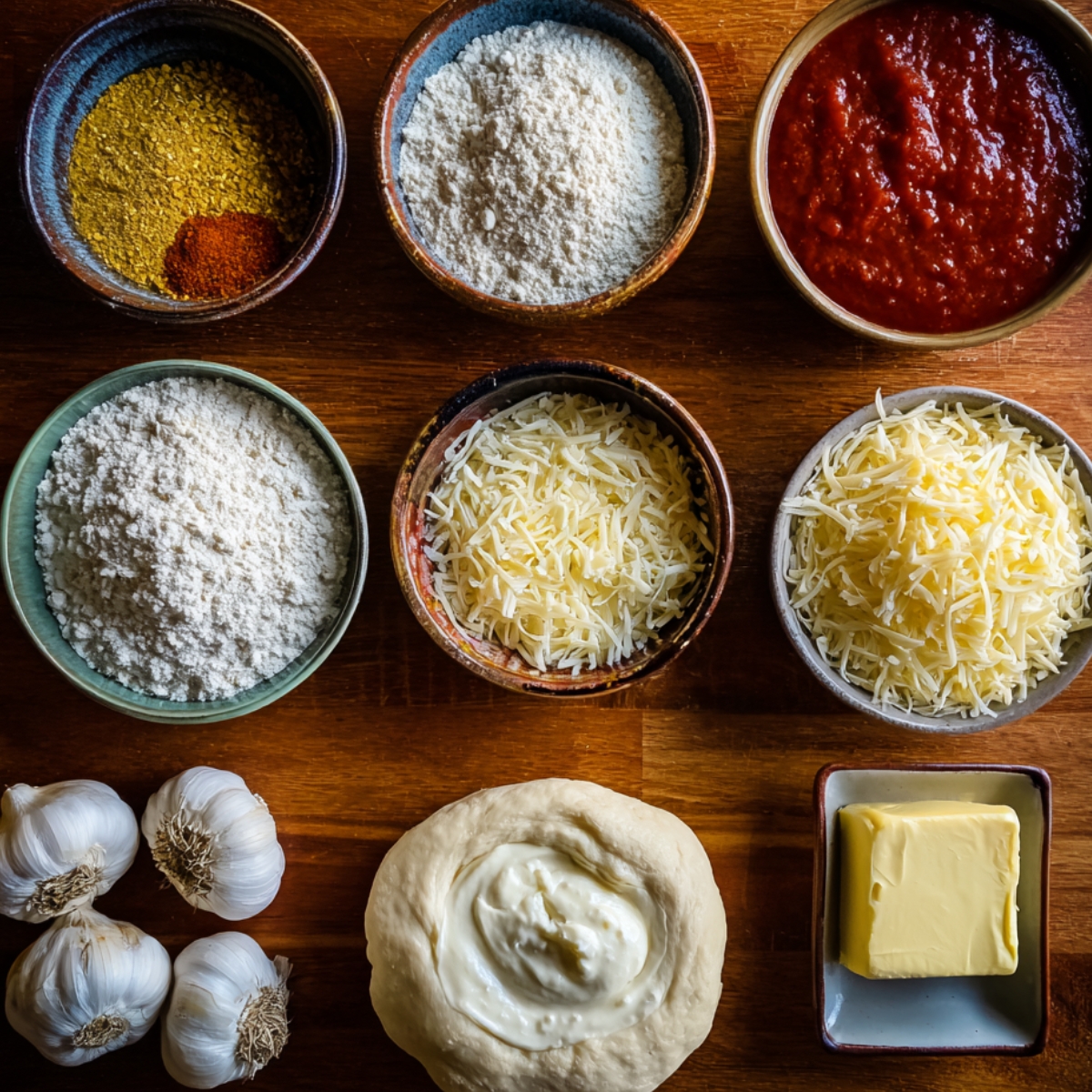 Various ingredients for cheesy breadsticks including flour, tomato sauce, garlic, cheese, and butter.