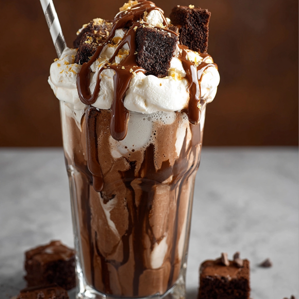 “Decadent brownie milkshake topped with whipped cream, brownie chunks, and chocolate drizzle in a tall glass.”