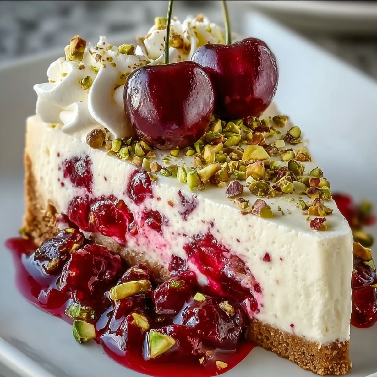 “A slice of cherry pistachio cheesecake topped with chopped pistachios, whipped cream, and two fresh cherries, with cherry sauce dripping onto the plate.”