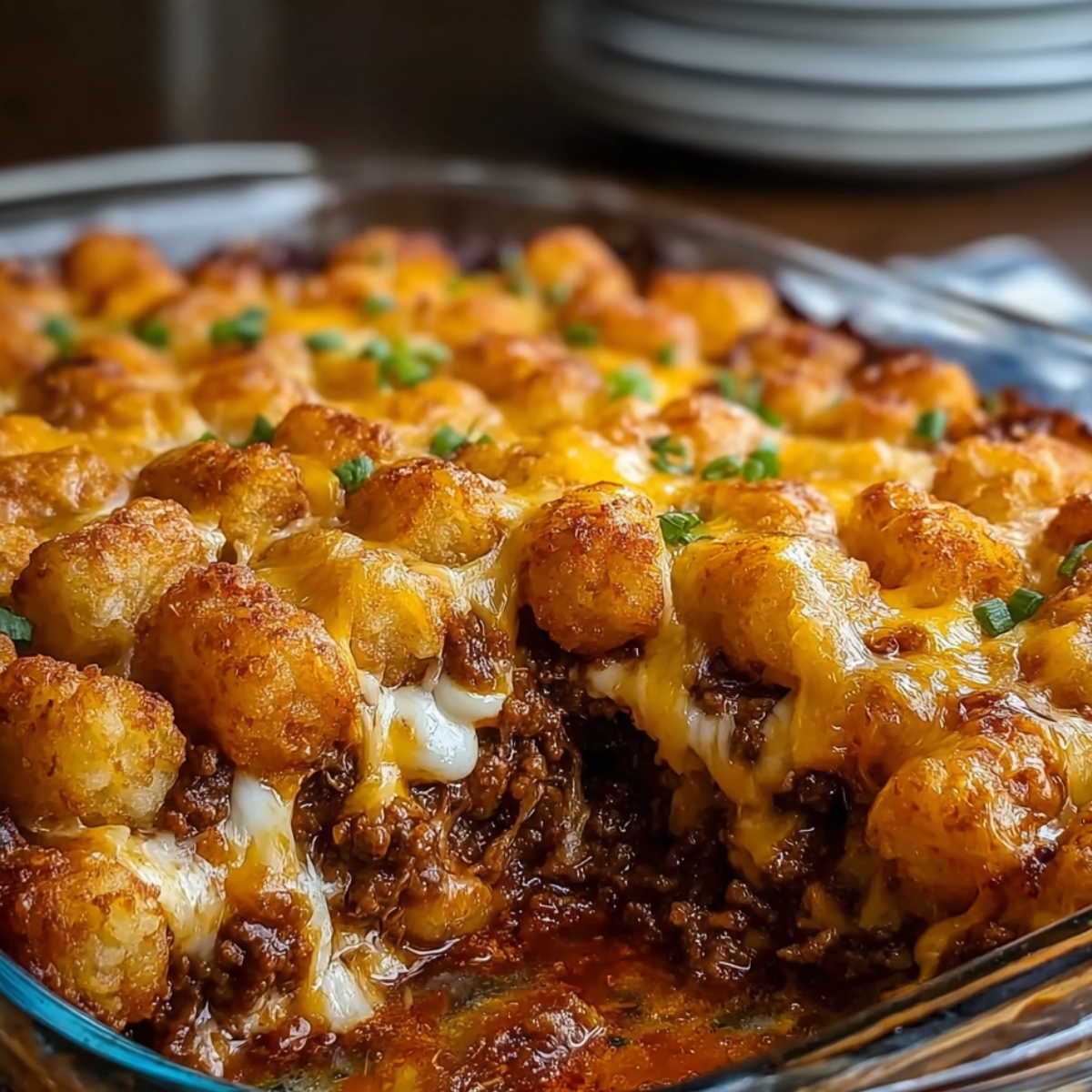 “Chili cheese tater tot casserole in a glass baking dish topped with golden crispy tater tots, melted cheese, and chopped green onions.”