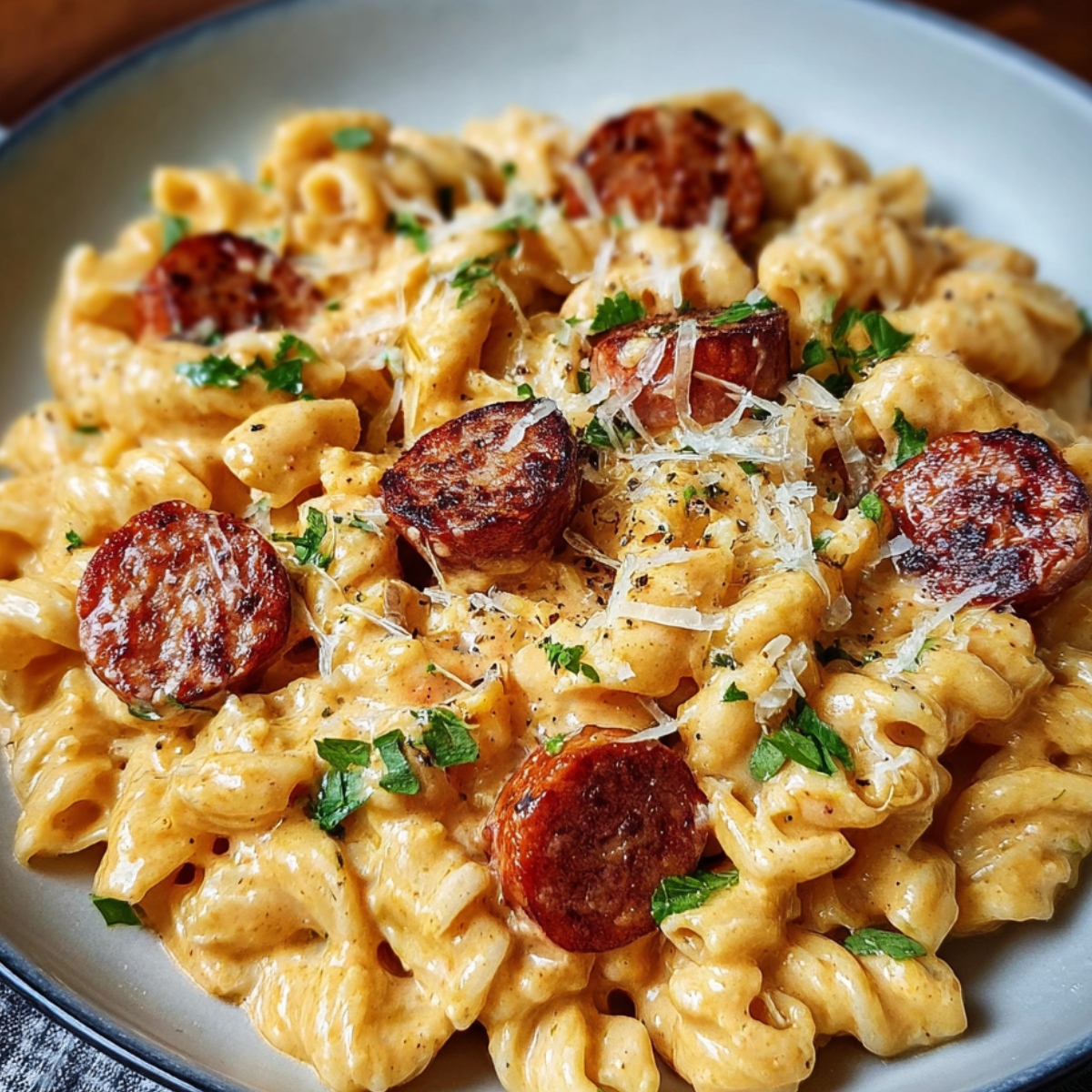Creamy Smoked Sausage Pasta dish with spiral noodles mixed in a rich cheese sauce, topped with browned smoked sausage slices, grated Parmesan, and chopped parsley.