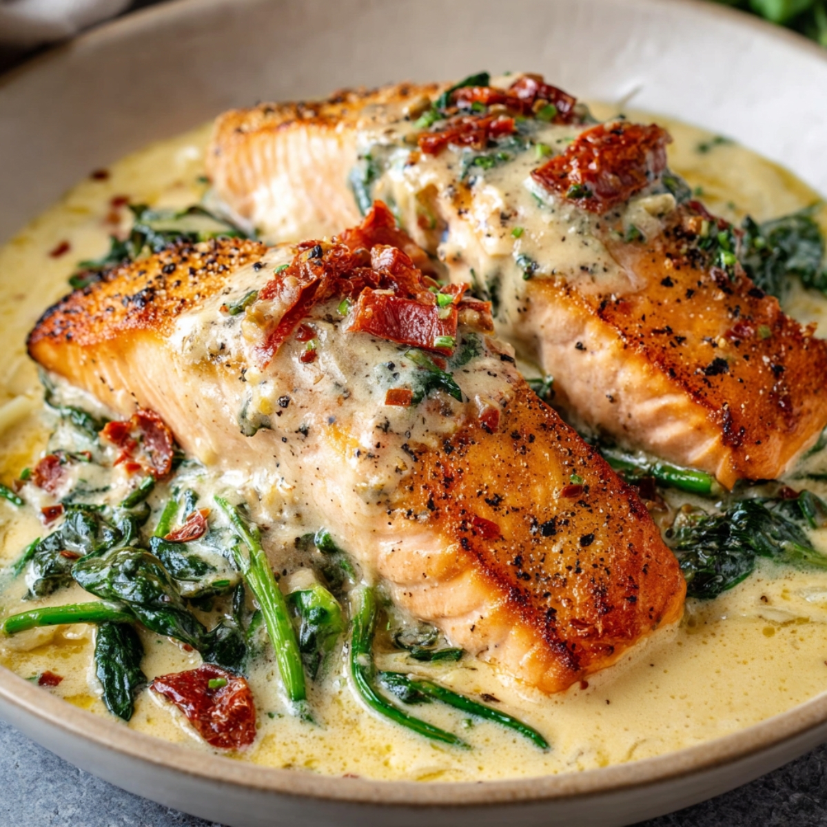 “Two pieces of seared Creamy Tuscan Salmon with crispy, seasoned skin served on a beige plate.”