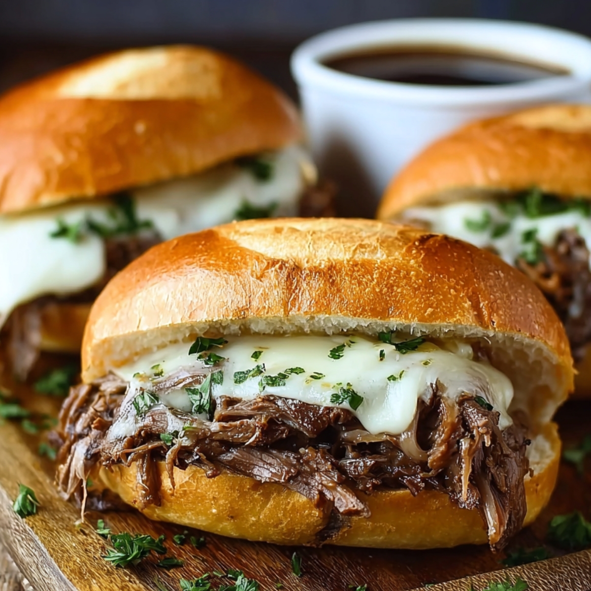 “Crock Pot French Dip Sandwiches on a wooden board with shredded beef, melted cheese, and parsley on a toasted roll, with a cup of au jus dipping sauce in the background.”