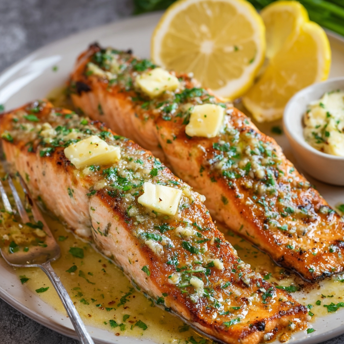 “Close-up of garlic butter salmon topped with melted butter, herbs, and lemon slices on a serving plate.”