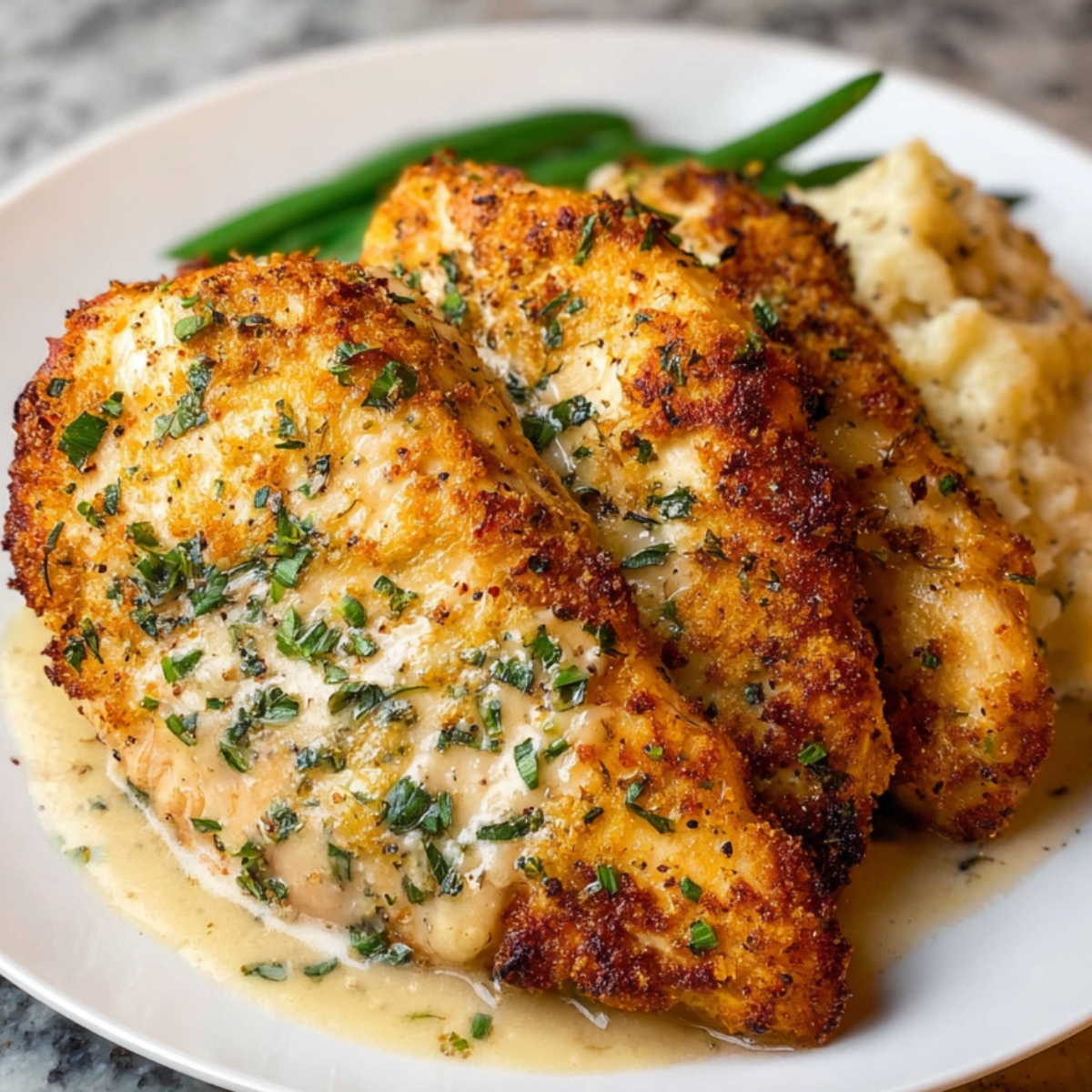 “Garlic Parmesan chicken breasts served with creamy mashed potatoes and green beans, topped with herb butter sauce.”