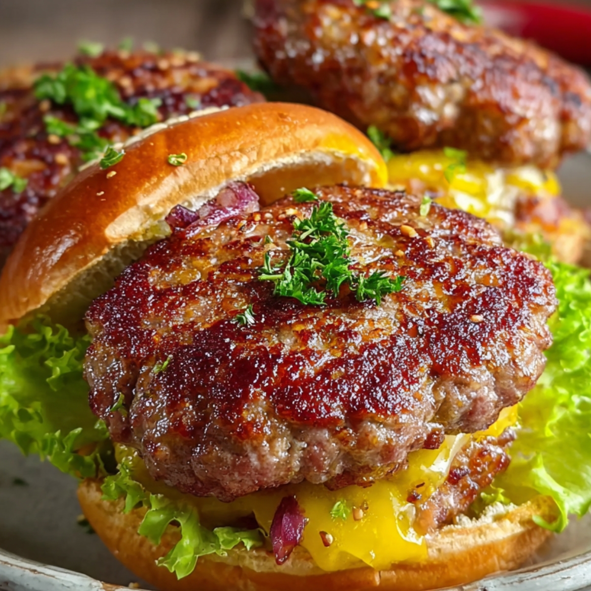 “Homemade German Hamburgers on a bun with lettuce, melted cheese, and a perfectly browned beef patty topped with parsley.”