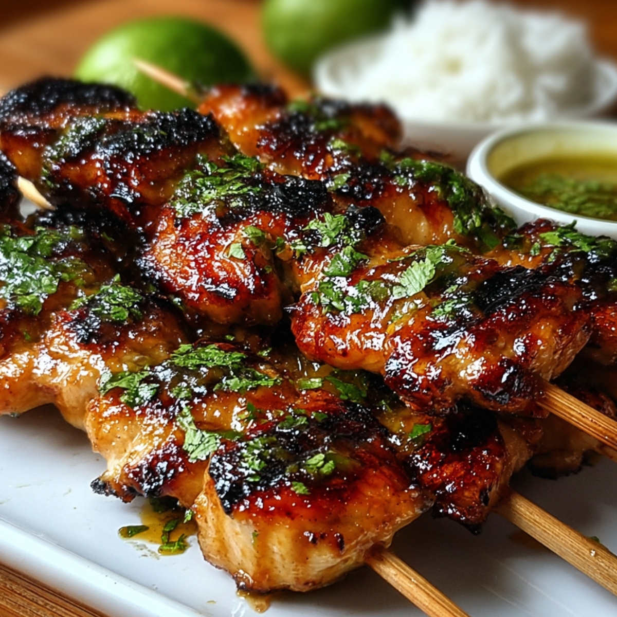 “Close-up of grilled Thai coconut chicken skewers topped with chopped herbs, served with rice and dipping sauce in the background.”