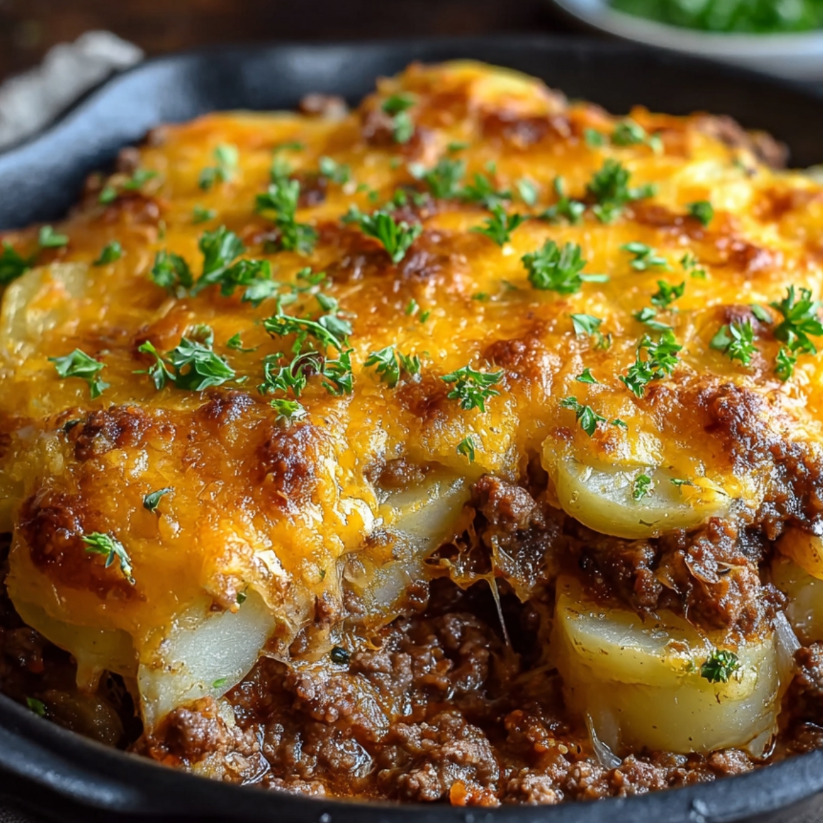 “Close-up of Ground Beef and Potatoes Casserole topped with melted cheddar cheese and sprinkled with fresh parsley in a skillet.”
