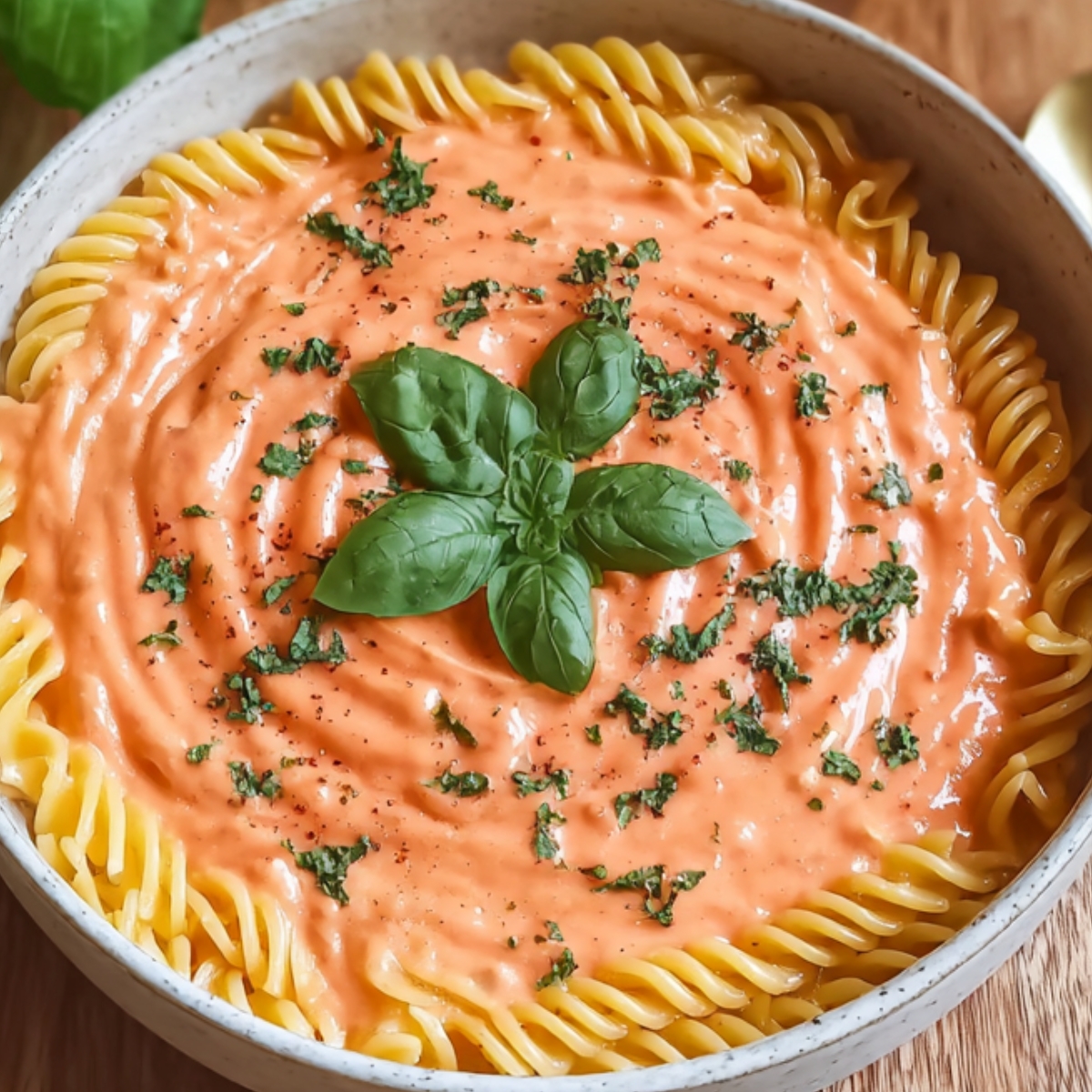 “Bowl of Italian Pink Sauce coated in creamy Italian pink sauce, garnished with fresh basil leaves and sprinkled herbs.”