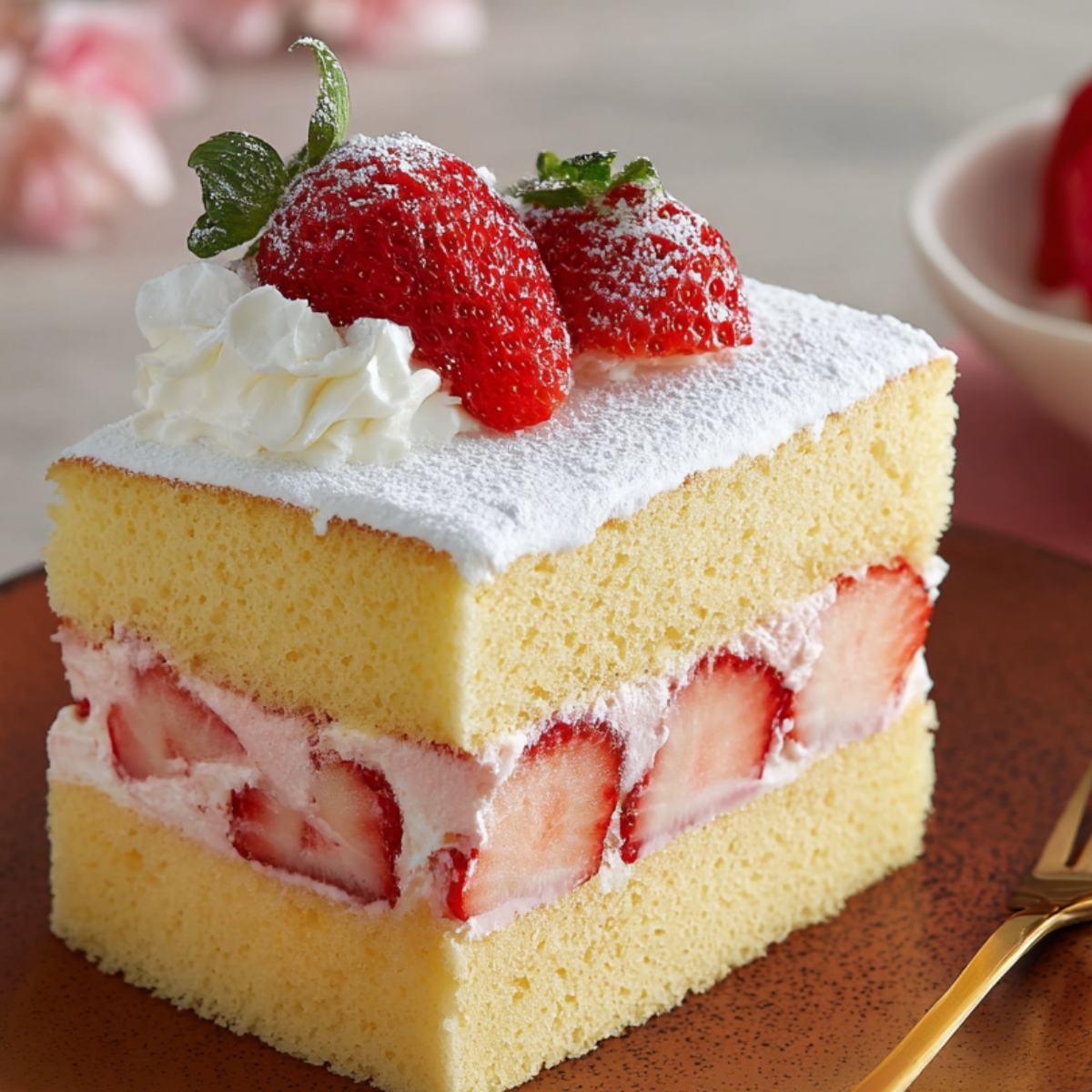 “Slice of Japanese Strawberry Sponge Cake with layers of fluffy sponge, whipped cream, and fresh strawberries, topped with powdered sugar and whipped cream.”