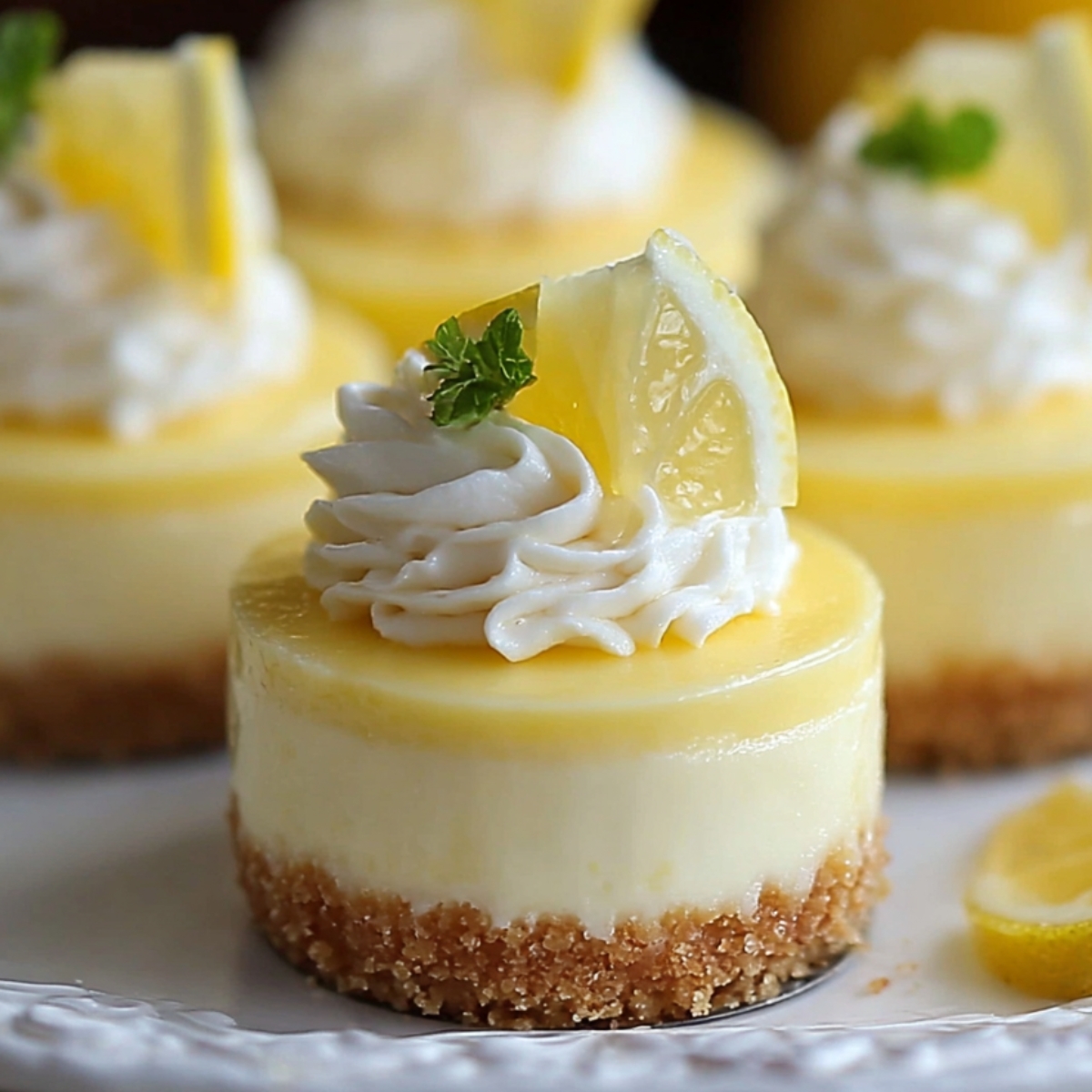 “Finished mini lemon cheesecakes topped with whipped cream, lemon wedges, and mint leaves on a white serving plate.”